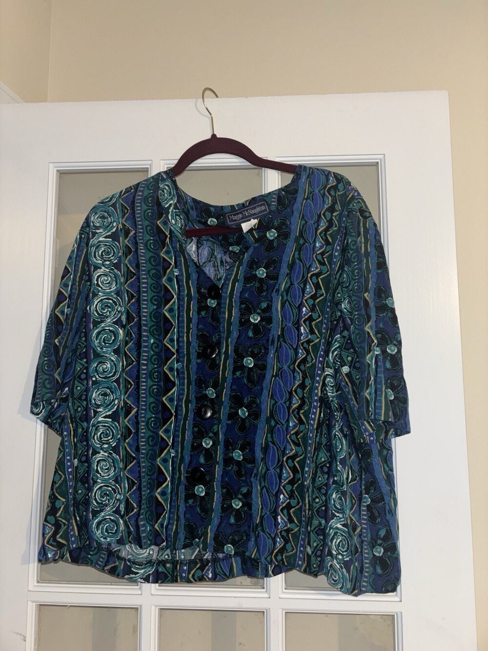 Maggie McNaughon VTG blue green floral plus buttoned short sleeve blouse 20W